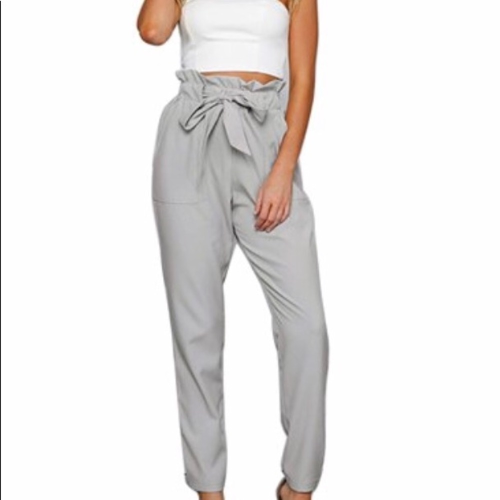 SOLD Trash bag tie pants in grey, white, and blue